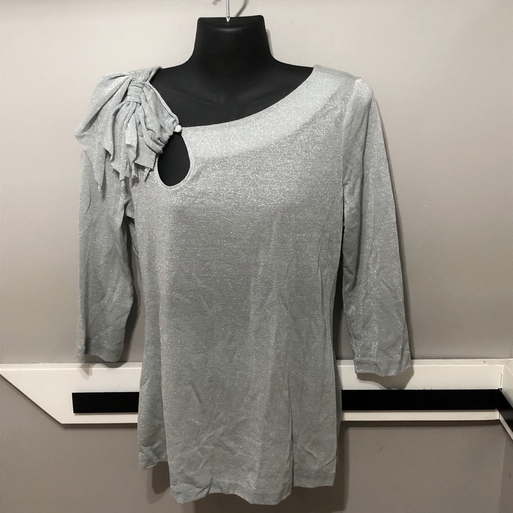 NWT, Anthropologie Deletta silver metallic blouse with bow, size medium